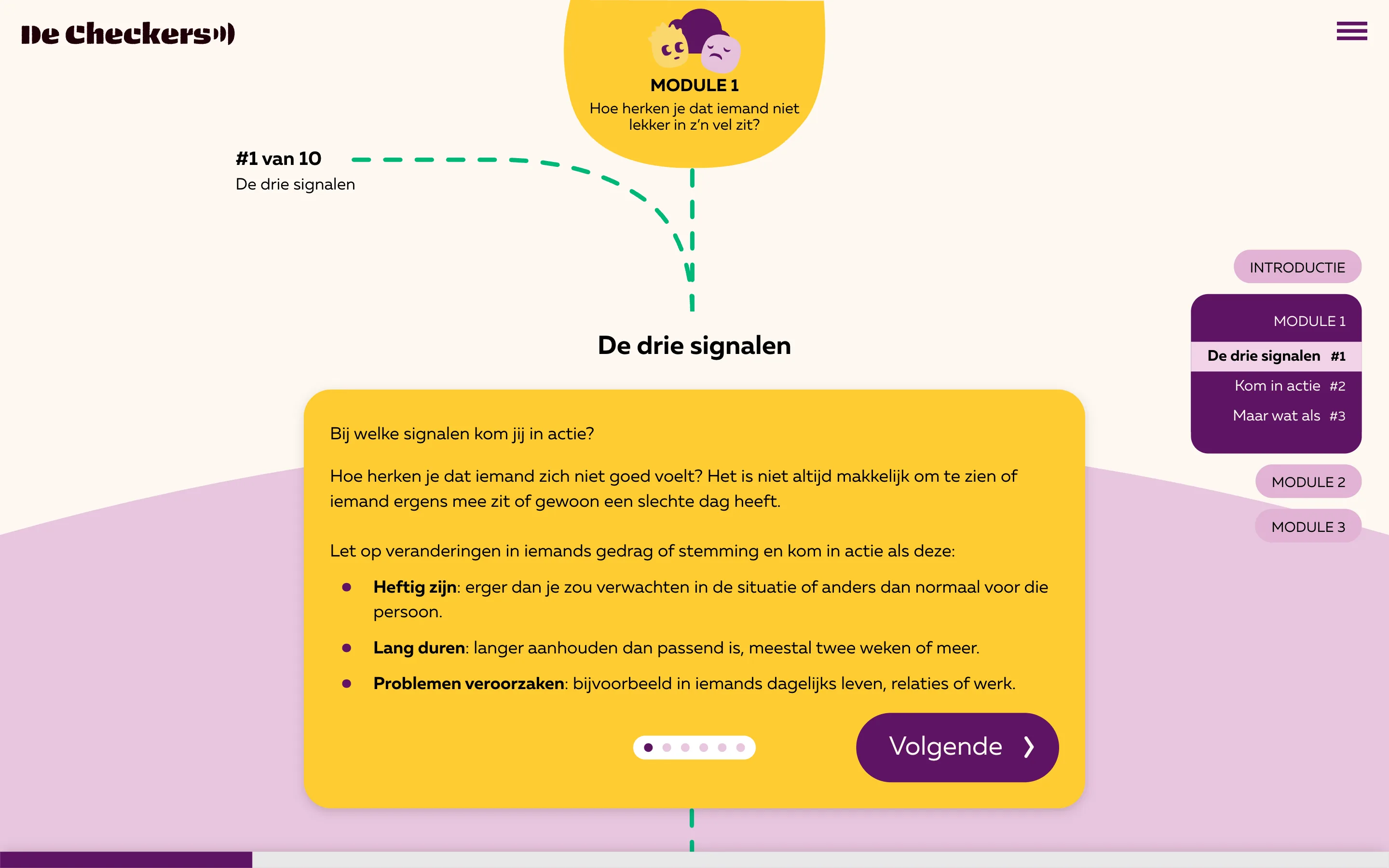 Module 1 van De Checkers: de kaart ‘De drie signalen’ met voortgang en modulenavigatie