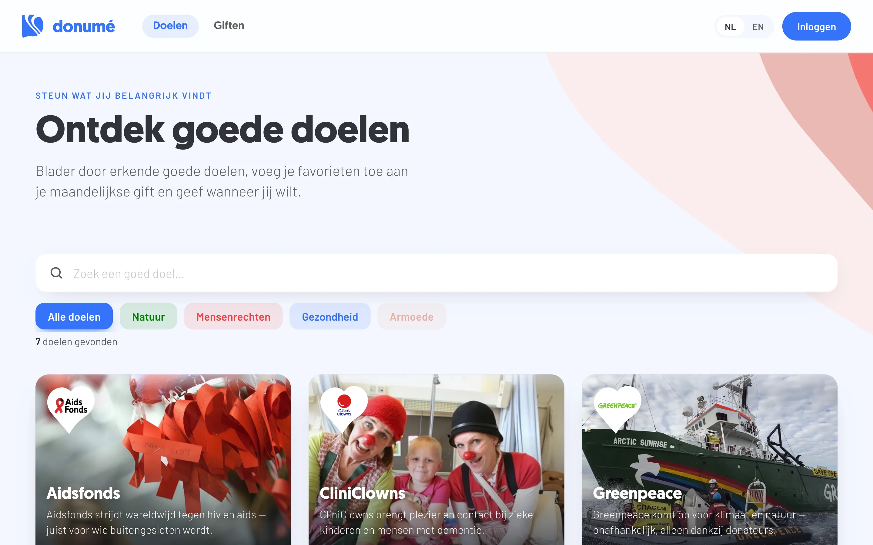 Donumé: het overzicht ‘Ontdek goede doelen’ met zoekbalk, filters en doelkaarten