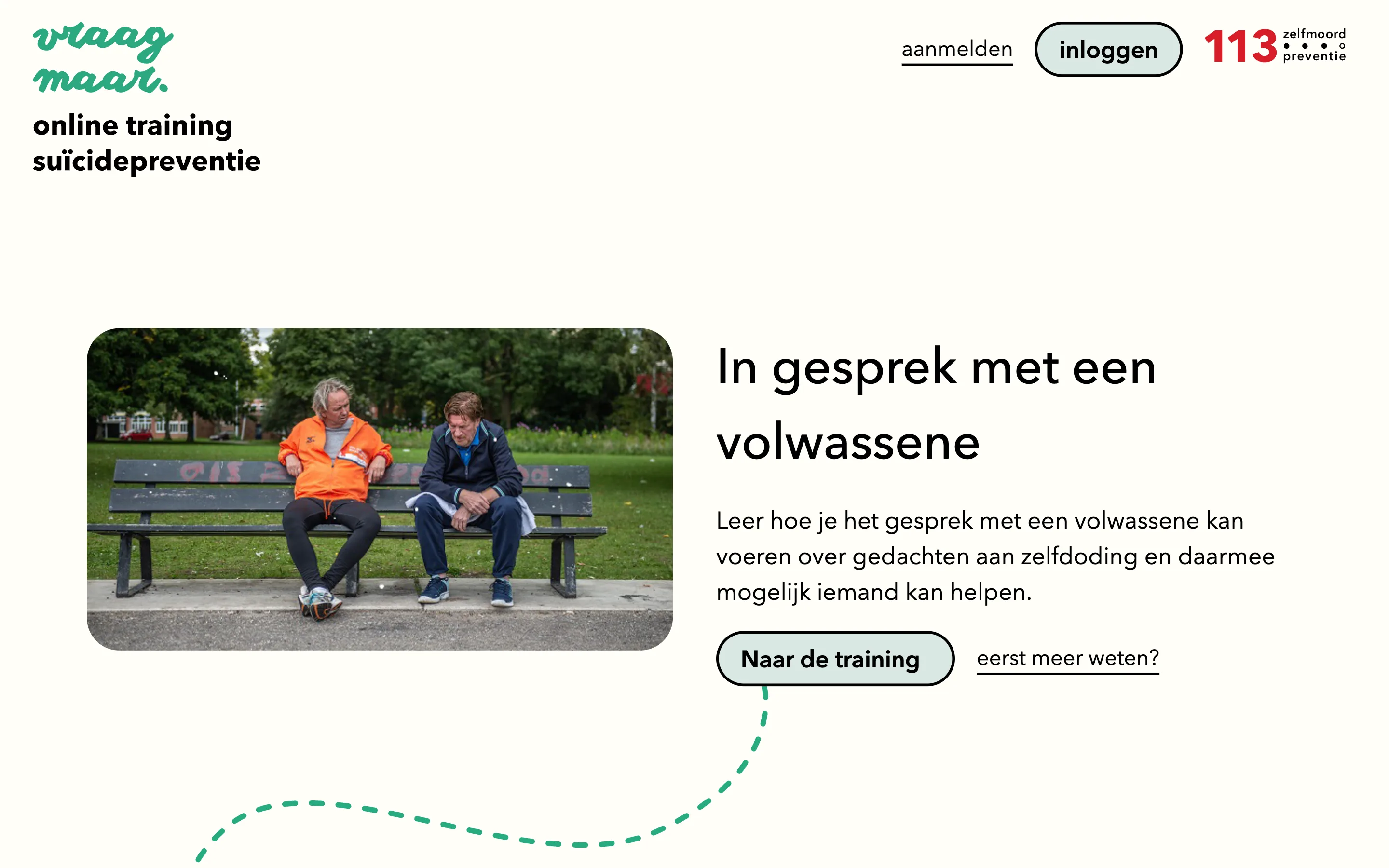 De VraagMaar-training ‘In gesprek met een volwassene’: twee mannen op een bankje, met een gestippelde route naar de eerste stap