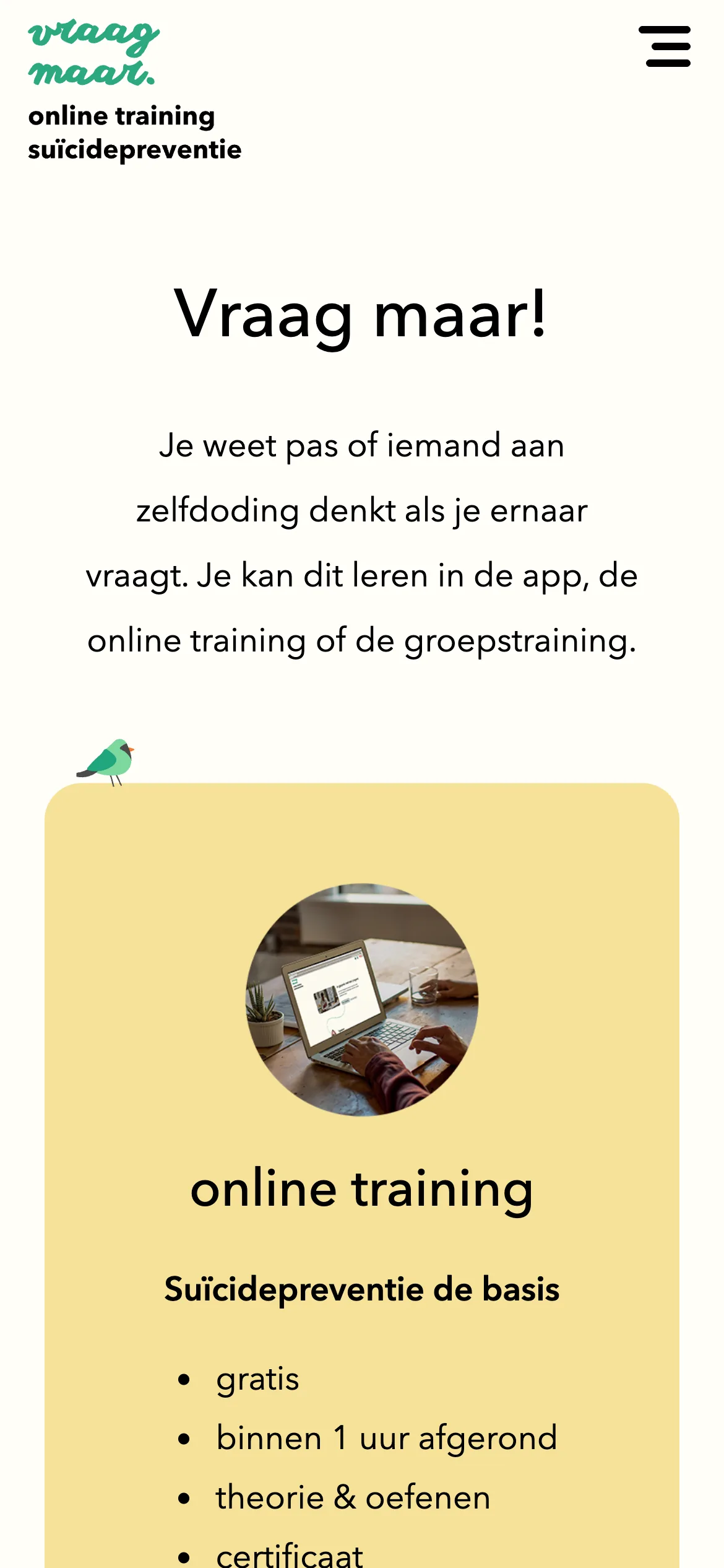 De VraagMaar-homepage op een telefoon: ‘Vraag maar!’ met de gele kaart van de online training